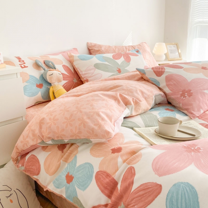 91家纺网 家纺一手货源 找家纺 黑马家居 2023新款喷气全棉斜纹四件套 七色花语