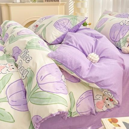91家纺网 家纺一手货源 找家纺 梦家居 2023春季新品小清新系列全棉单被套 郁金紫兔