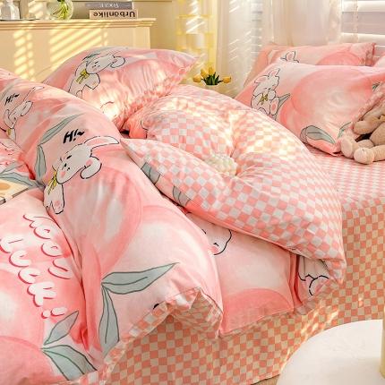 91家纺网 家纺一手货源 找家纺 梦家居 2023春季新品小清新系列全棉单被套 蜜桃兔