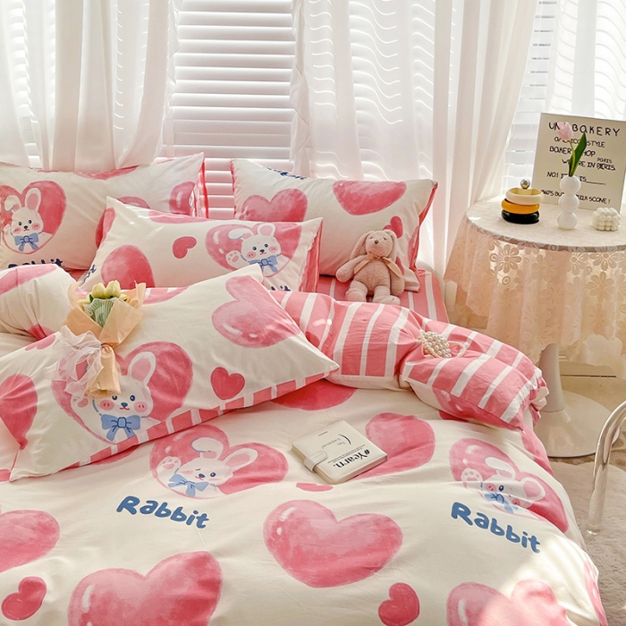 91家纺网 家纺一手货源 找家纺 梦家居 2023春季新品小清新系列全棉单被套 爱心兔