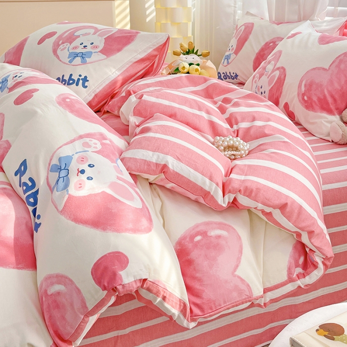 91家纺网 家纺一手货源 找家纺 梦家居 2023春季新品小清新系列全棉单被套 爱心兔