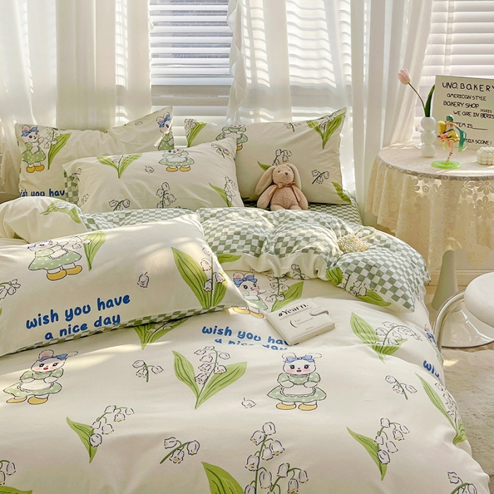 91家纺网 家纺一手货源 找家纺 梦家居 2023春季新品小清新系列全棉单被套 铃兰花兔