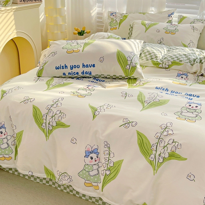 91家纺网 家纺一手货源 找家纺 梦家居 2023春季新品小清新系列全棉单被套 铃兰花兔