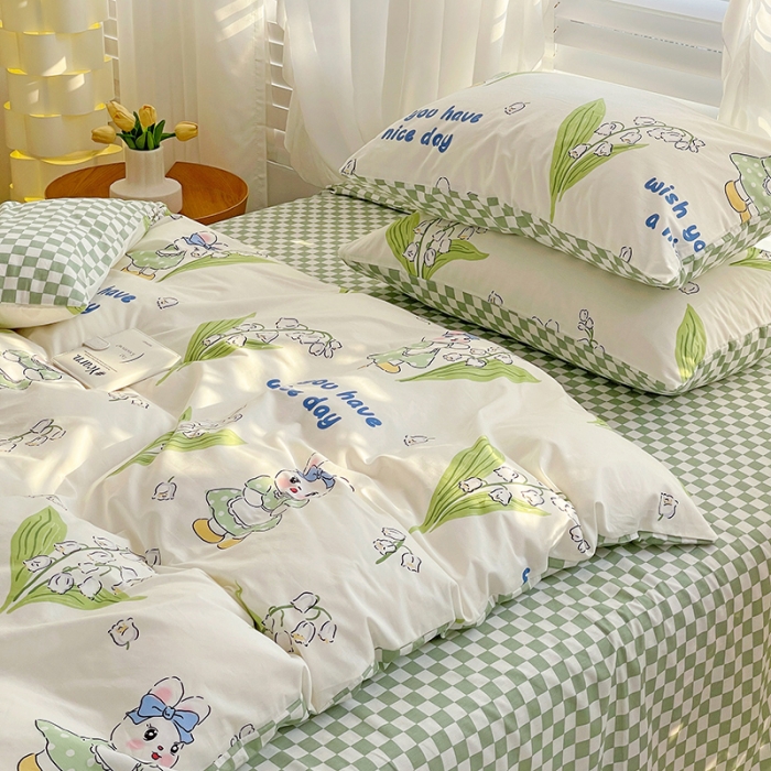 91家纺网 家纺一手货源 找家纺 梦家居 2023春季新品小清新系列全棉单被套 铃兰花兔