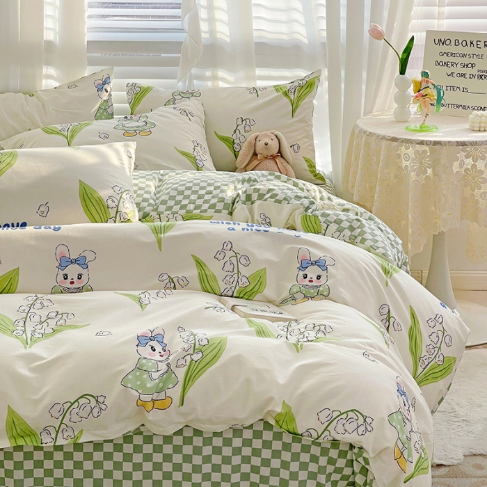 91家纺网 家纺一手货源 找家纺 梦家居 2023春季新品小清新系列全棉单被套 铃兰花兔