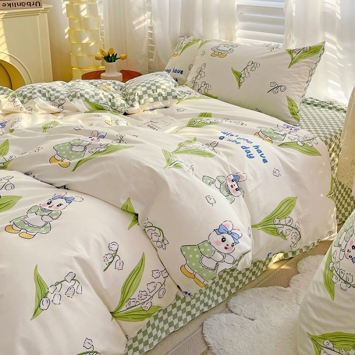 91家纺网 家纺一手货源 找家纺 梦家居 2023春季新品小清新系列全棉单被套 铃兰花兔