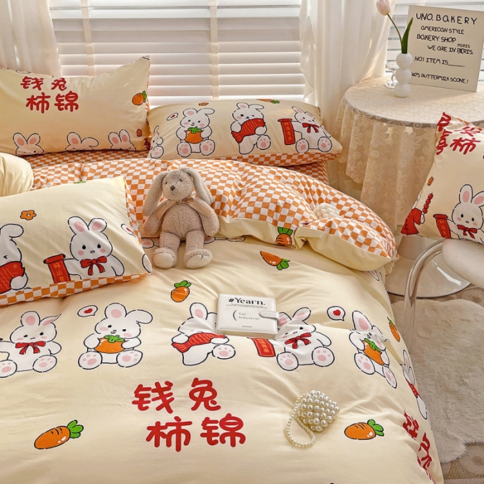 91家纺网 家纺一手货源 找家纺 梦家居 2023春季新品小清新系列全棉单被套 钱兔柿锦