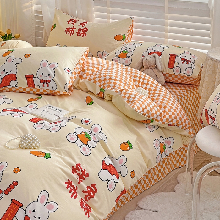 91家纺网 家纺一手货源 找家纺 梦家居 2023春季新品小清新系列全棉单被套 钱兔柿锦