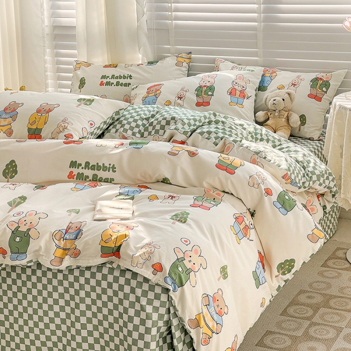 91家纺网 家纺一手货源 找家纺 梦家居 2023春季新品小清新系列全棉单被套 熊兔乐园