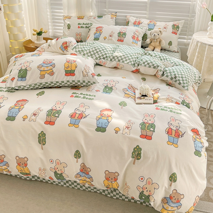 91家纺网 家纺一手货源 找家纺 梦家居 2023春季新品小清新系列全棉单被套 熊兔乐园