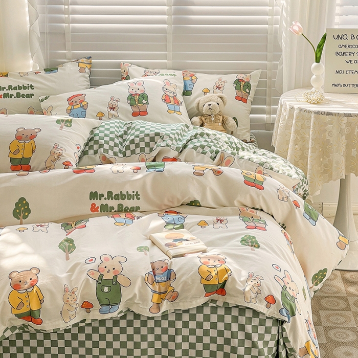 91家纺网 家纺一手货源 找家纺 梦家居 2023春季新品小清新系列全棉单被套 熊兔乐园