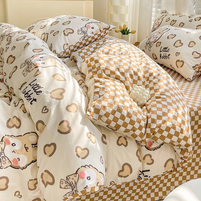 91家纺网 家纺一手货源 找家纺 梦家居 2023春季新品小清新系列全棉单被套 奶咖小兔