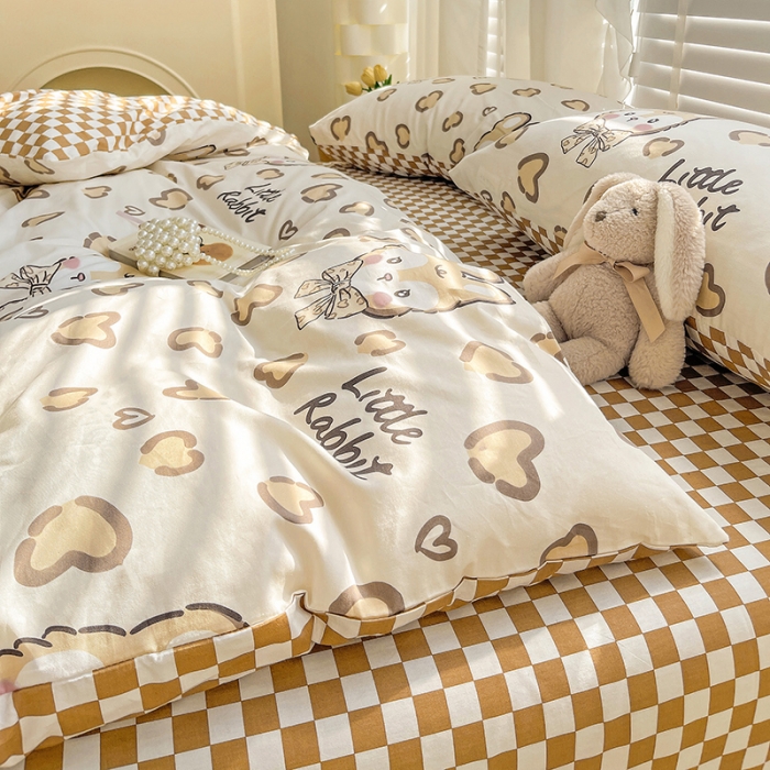 91家纺网 家纺一手货源 找家纺 梦家居 2023春季新品小清新系列全棉单被套 奶咖小兔