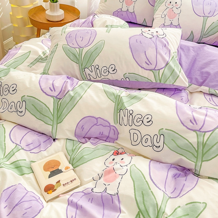 91家纺网 家纺一手货源 找家纺 梦家居 2023春季新品小清新系列全棉单被套 郁金紫兔