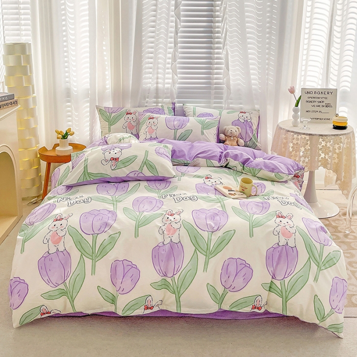 91家纺网 家纺一手货源 找家纺 梦家居 2023春季新品小清新系列全棉单被套 郁金紫兔