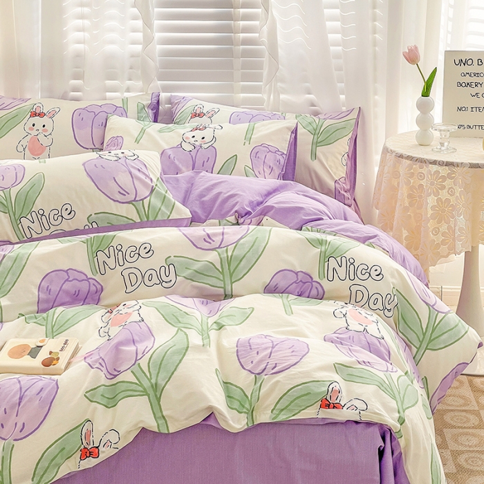 91家纺网 家纺一手货源 找家纺 梦家居 2023春季新品小清新系列全棉单被套 郁金紫兔