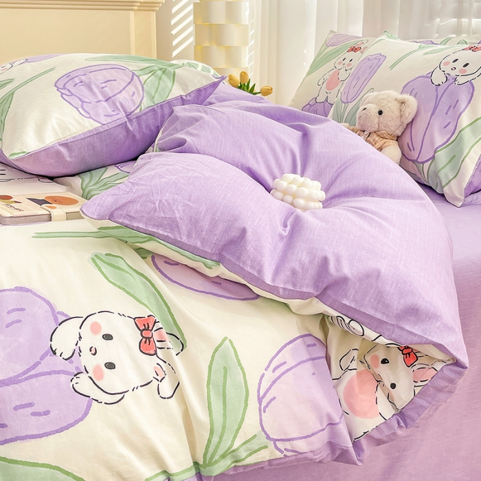 91家纺网 家纺一手货源 找家纺 梦家居 2023春季新品小清新系列全棉单被套 郁金紫兔