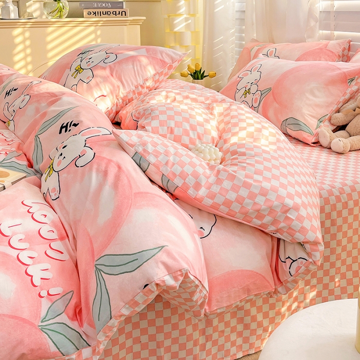 91家纺网 家纺一手货源 找家纺 梦家居 2023春季新品小清新系列全棉单被套 蜜桃兔