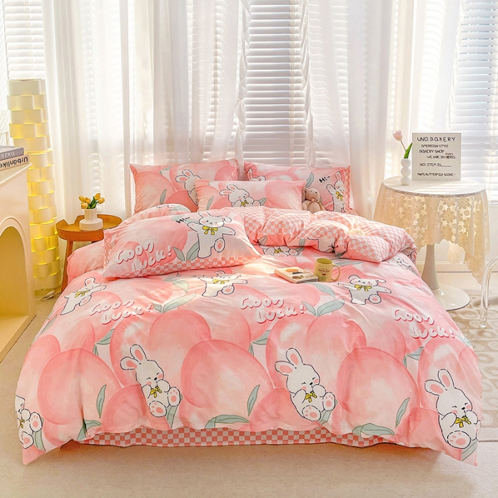 91家纺网 家纺一手货源 找家纺 梦家居 2023春季新品小清新系列全棉单被套 蜜桃兔