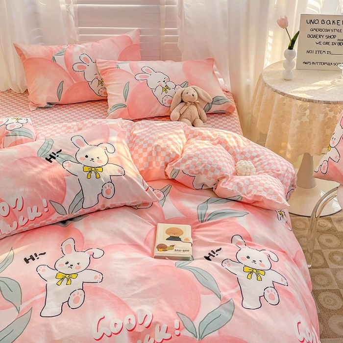 91家纺网 家纺一手货源 找家纺 梦家居 2023春季新品小清新系列全棉单被套 蜜桃兔