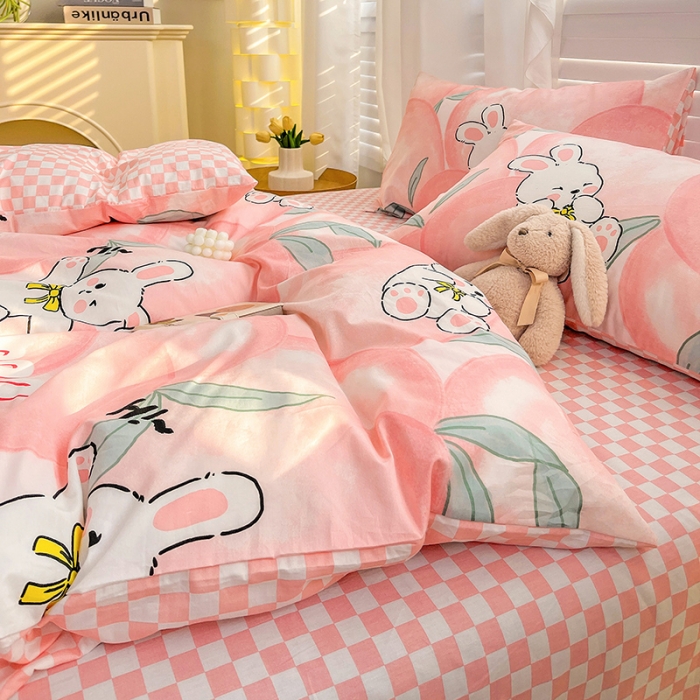 91家纺网 家纺一手货源 找家纺 梦家居 2023春季新品小清新系列全棉单被套 蜜桃兔