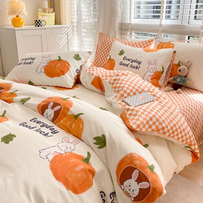 91家纺网 家纺一手货源 找家纺 梦家居 2023春季新品小清新系列全棉单被套 南瓜小兔