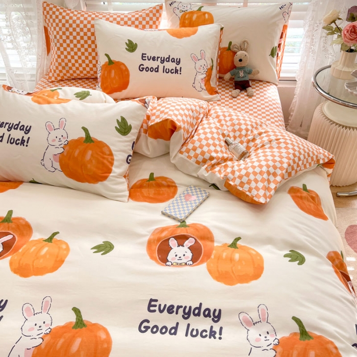 91家纺网 家纺一手货源 找家纺 梦家居 2023春季新品小清新系列全棉单被套 南瓜小兔