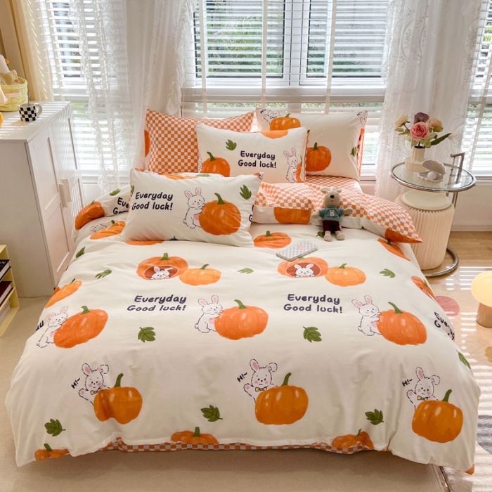 91家纺网 家纺一手货源 找家纺 梦家居 2023春季新品小清新系列全棉单被套 南瓜小兔