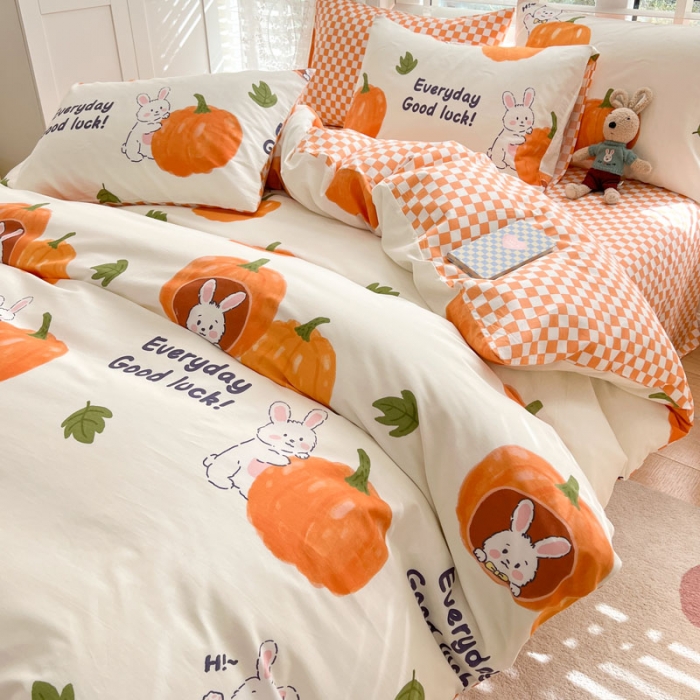 91家纺网 家纺一手货源 找家纺 梦家居 2023春季新品小清新系列全棉单被套 南瓜小兔