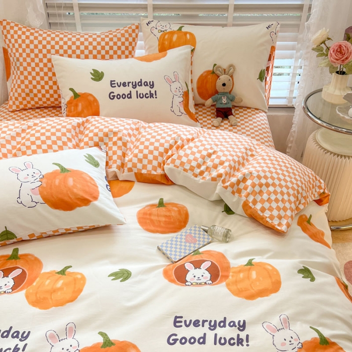 91家纺网 家纺一手货源 找家纺 梦家居 2023春季新品小清新系列全棉单被套 南瓜小兔