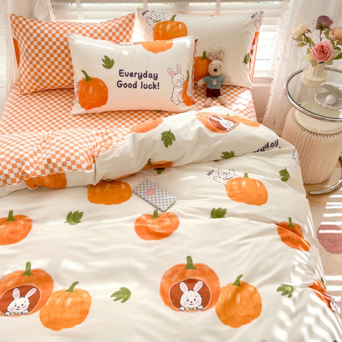 91家纺网 家纺一手货源 找家纺 梦家居 2023春季新品小清新系列全棉单被套 南瓜小兔