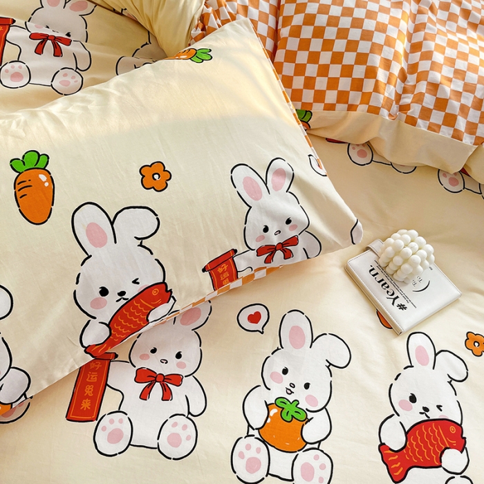 91家纺网 家纺一手货源 找家纺 梦家居 2023春季新品小清新系列全棉四件套 钱兔柿锦