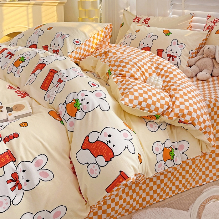 91家纺网 家纺一手货源 找家纺 梦家居 2023春季新品小清新系列全棉四件套 钱兔柿锦