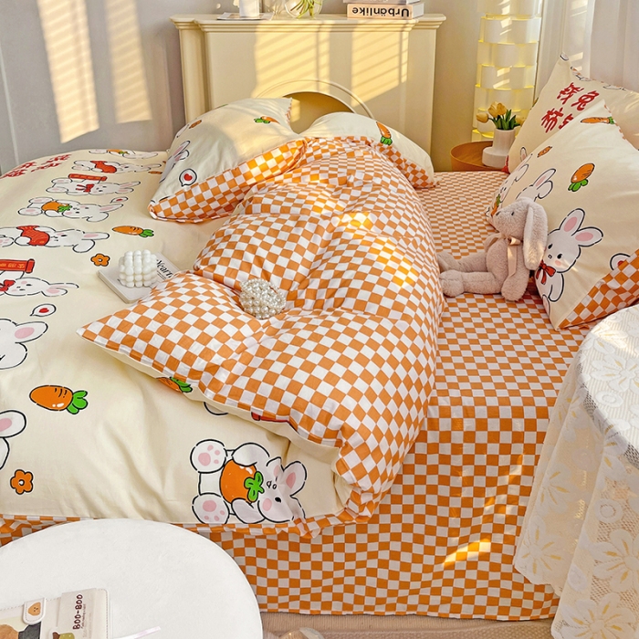 91家纺网 家纺一手货源 找家纺 梦家居 2023春季新品小清新系列全棉四件套 钱兔柿锦