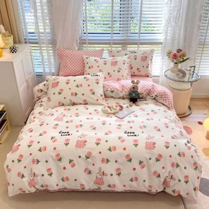 91家纺网 家纺一手货源 找家纺 梦家居 2023春季新品小清新系列全棉四件套 郁金花兔