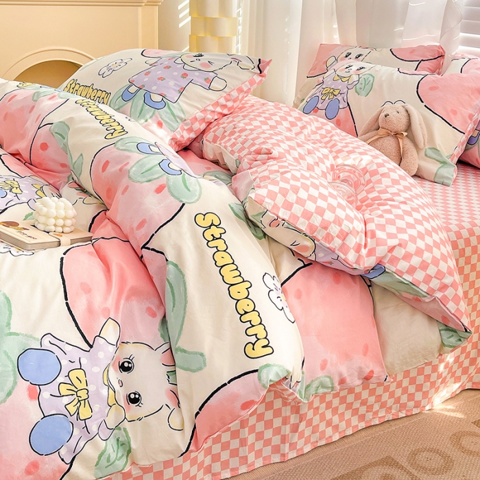 91家纺网 家纺一手货源 找家纺 梦家居 2023春季新品小清新系列全棉四件套 草莓兔