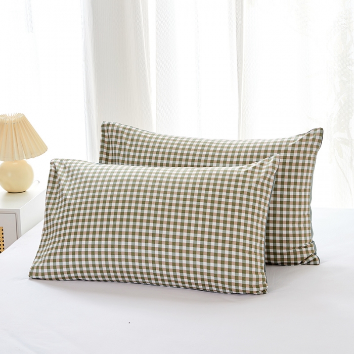 91家纺网 家纺一手货源 找家纺 丰淘 2022新款条纹水洗棉枕套 草绿小格