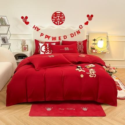 91家纺网 家纺一手货源 找家纺 （总）千希家纺家纺 2022新款婚庆磨毛刺绣大红色结婚四件套