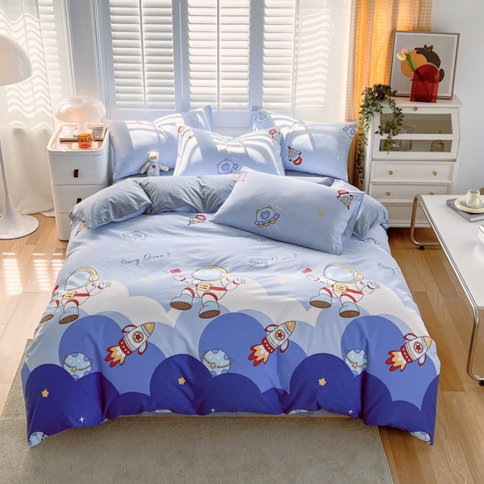 91家纺网 家纺一手货源 找家纺 金鑫汇2023新花型上市喷气面料全棉四件套 翱翔太空