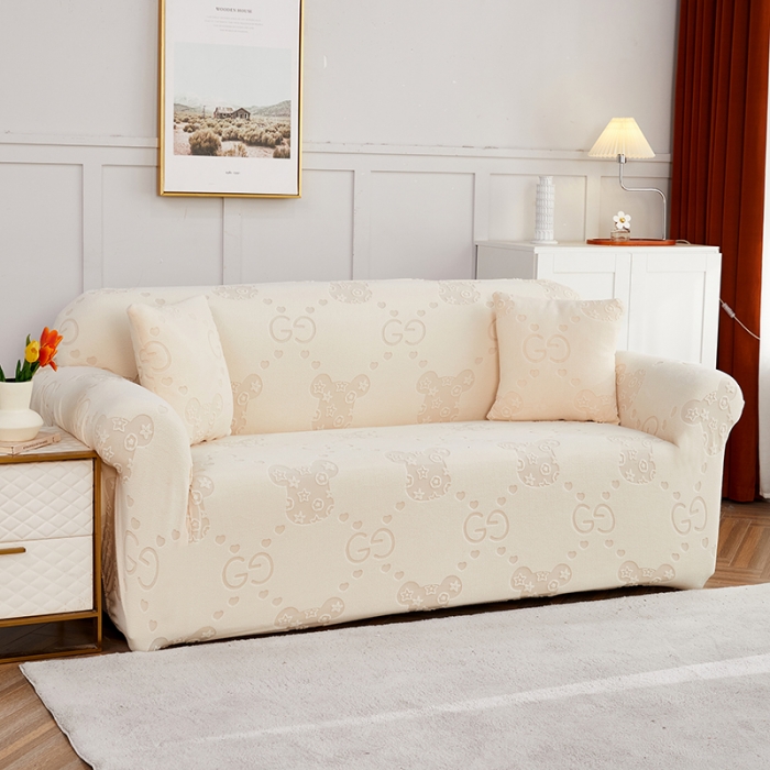 91家纺网 家纺一手货源 找家纺 逐日沙发套 2023新款提花绒直排沙发套 酷熊-米黄