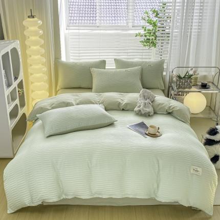 91家纺网 家纺一手货源 找家纺 十里居2022新款泡泡纱提花水洗棉四件套 抹茶绿