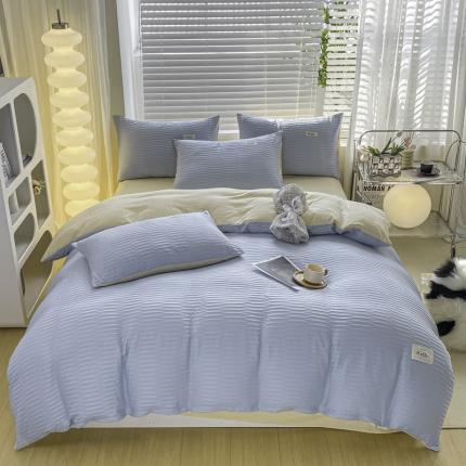 91家纺网 家纺一手货源 找家纺 十里居2022新款泡泡纱提花水洗棉四件套 天蓝奶黄