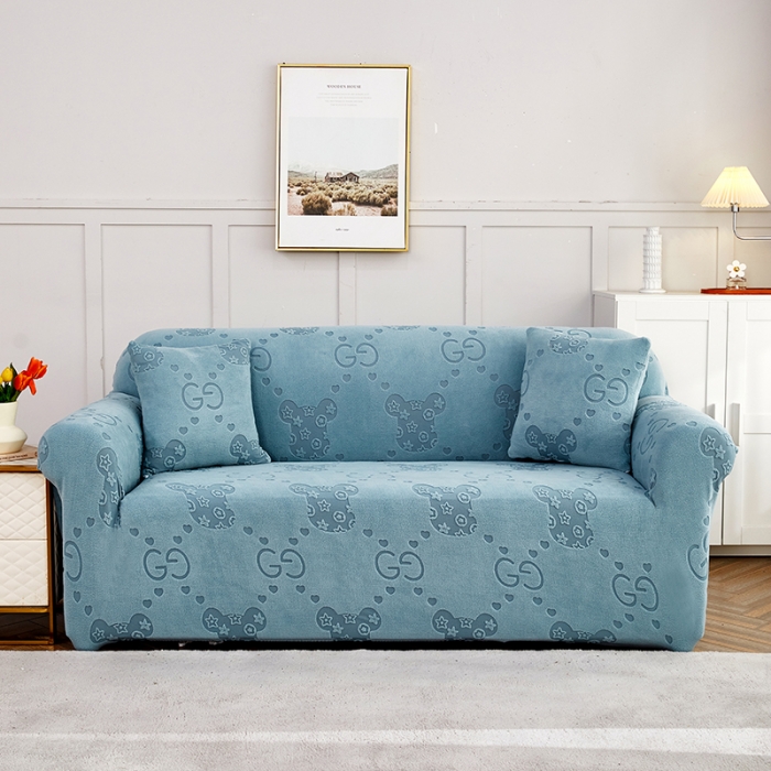 91家纺网 家纺一手货源 找家纺 逐日沙发套 2023新款提花绒直排沙发套 酷熊-雾霾蓝