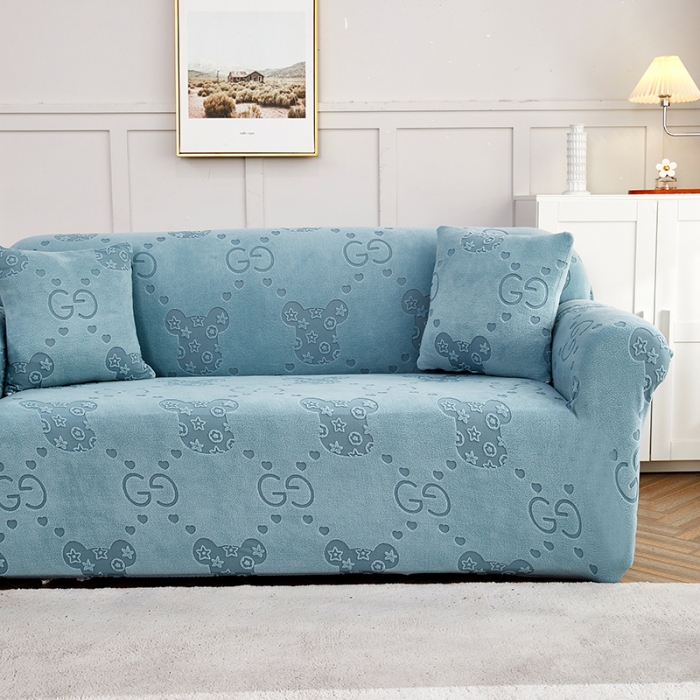 91家纺网 家纺一手货源 找家纺 逐日沙发套 2023新款提花绒直排沙发套 酷熊-雾霾蓝