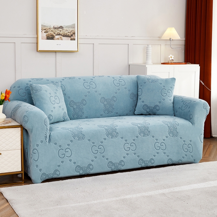 91家纺网 家纺一手货源 找家纺 逐日沙发套 2023新款提花绒直排沙发套 酷熊-雾霾蓝