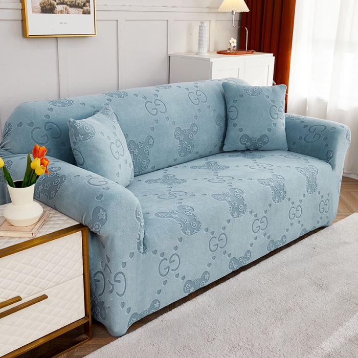 91家纺网 家纺一手货源 找家纺 逐日沙发套 2023新款提花绒直排沙发套 酷熊-雾霾蓝