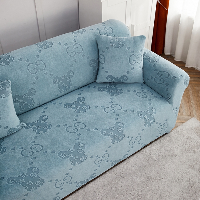 91家纺网 家纺一手货源 找家纺 逐日沙发套 2023新款提花绒直排沙发套 酷熊-雾霾蓝