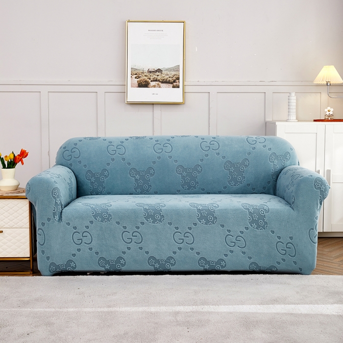 91家纺网 家纺一手货源 找家纺 逐日沙发套 2023新款提花绒直排沙发套 酷熊-雾霾蓝