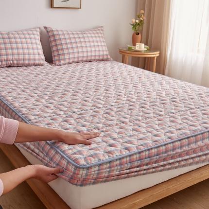 91家纺网 家纺一手货源 找家纺 久云居2022新款色织水洗棉大豆夹棉床笠 粉蓝格