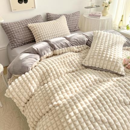 91家纺网 家纺一手货源 找家纺 总酒店酒店2023新款时尚立体花双拼兔绒牛奶绒四件套